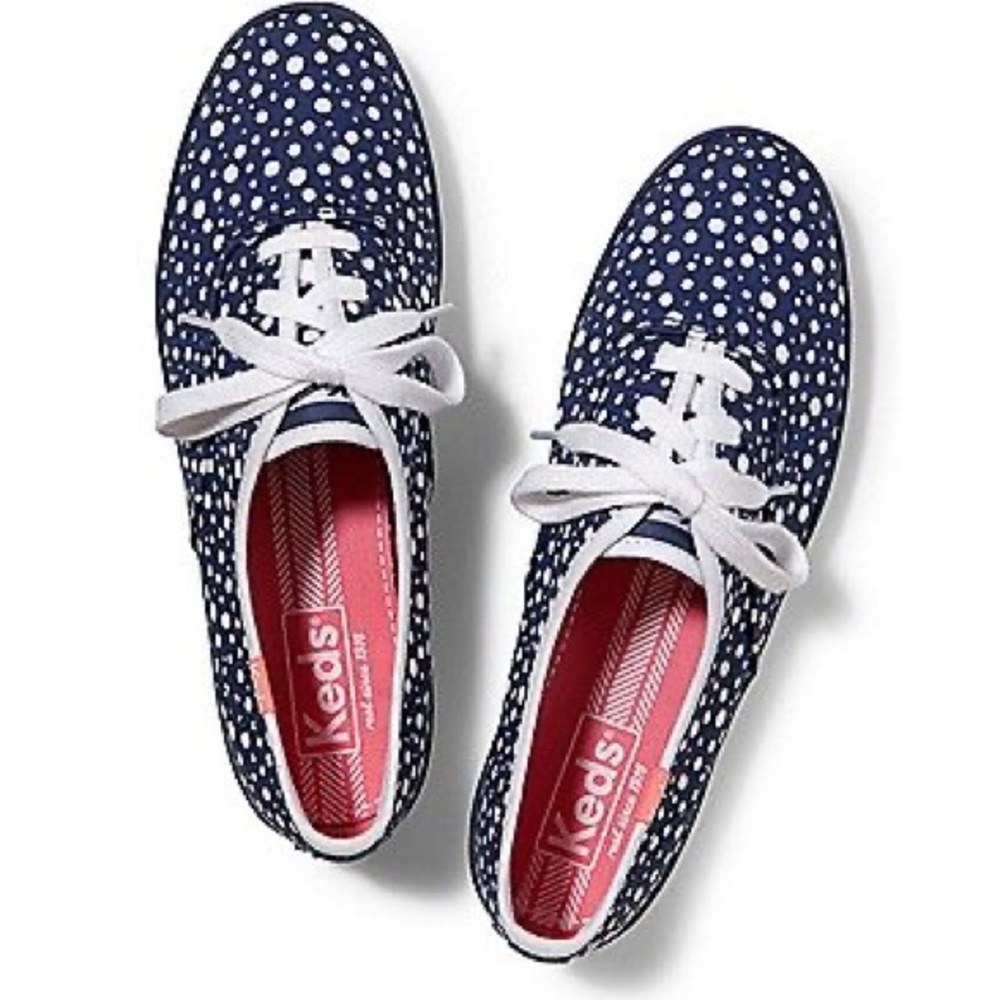 Navy Bubble Polka Dot Keds with Red Laces, size 8
